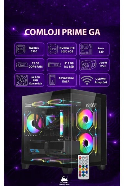 GA Prime RTX 3050 6GB + Ryzen 5 5500 32 GB RAM 512 GB SSD Hazır Sistem