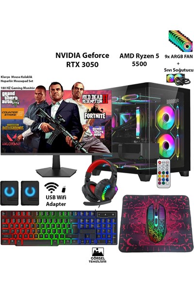 GA Ultra Full Pro Set + RTX3050 Ryzen 5 5500 16GB RAM 512GB SSD 180Hz Monitör 5in1 Gaming Oyuncu PC