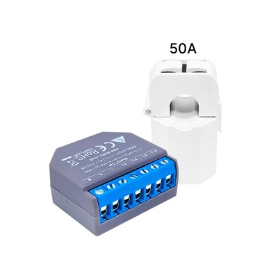 Shelly EM akıllı enerji ölçer modülü ve 50A akım trafosu clamp sensörü