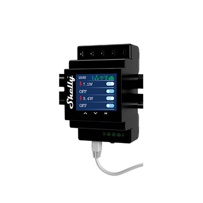 Shelly Pro 4PM ekranlı DIN ray montajlı 4 kanallı akıllı röle modülü