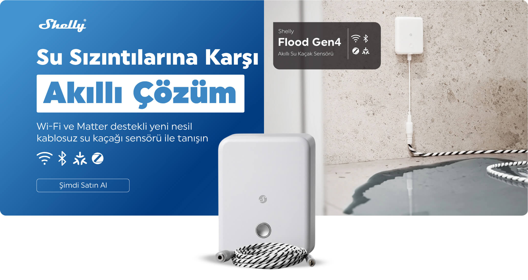Shelly Flood Gen4 Wi-Fi ve Matter destekli akıllı su kaçak sensörü bannerı