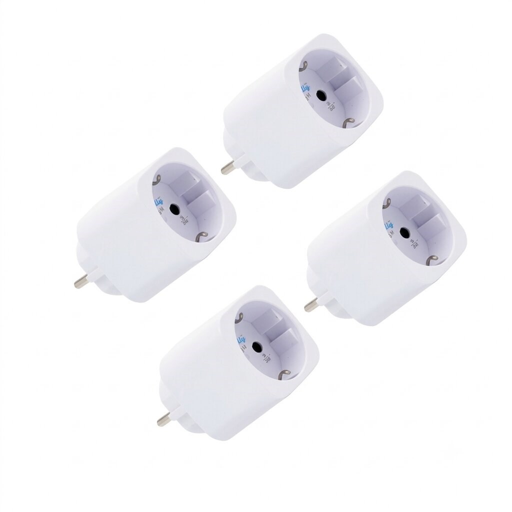 Dört adet beyaz Shelly Plug M Gen3 enerji ölçümlü Matter akıllı priz