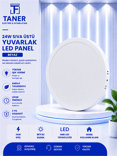24W SIVA ÜSTÜ YUVARLAK BEYAZ KASA BEYAZ IŞIK LED PANEL