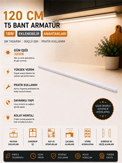 NOAS 120 CM 18W EKLENEBİLİR ANAHTARLI T5 BANT ARMATÜR GÜN IŞIĞI