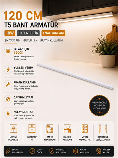 NOAS 120 CM 18W EKLENEBİLİR ANAHTARLI T5 BANT ARMATÜR BEYAZ
