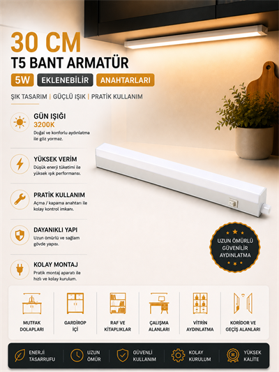 NOAS 30 CM 5W EKLENEBİLİR ANAHTARLI T5 BANT ARMATÜR