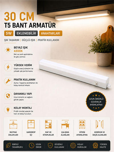 NOAS 30 CM 5W EKLENEBİLİR ANAHTARLI T5 BANT ARMATÜR BEYAZ