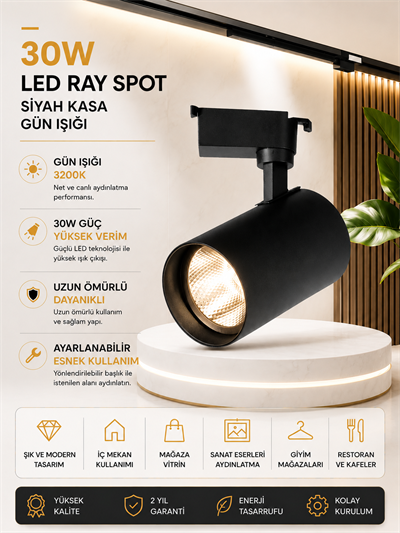 NOAS 30W SİYAH KASA GÜN IŞIĞI RAY SPOT