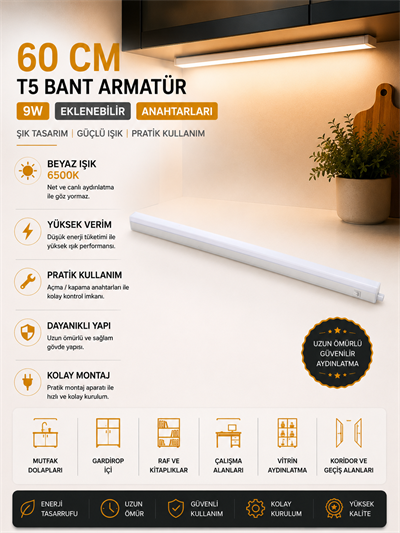 NOAS 60 CM 9W EKLENEBİLİR ANAHTARLI T5 BANT ARMATÜR BEYAZ IŞIK
