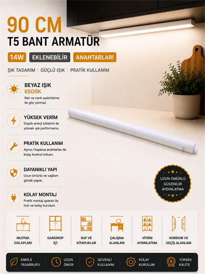 NOAS 90 CM 14W EKLENEBİLİR ANAHTARLI T5 BANT ARMATÜR BEYAZ