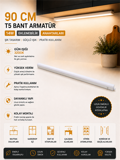 NOAS 90 CM 14W EKLENEBİLİR ANAHTARLI T5 BANT ARMATÜR GÜN IŞIĞI