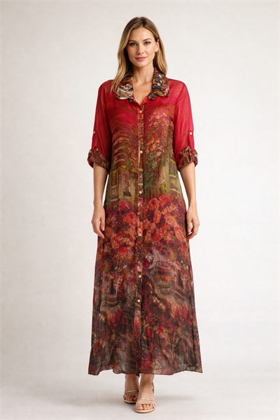 İtalyan Batik Desen İpek Gömlek Elbise 25012236 - 7184/D