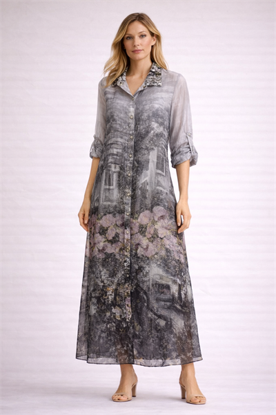 İtalyan Batik Desen İpek Gömlek Elbise 25012236 - 7184/D