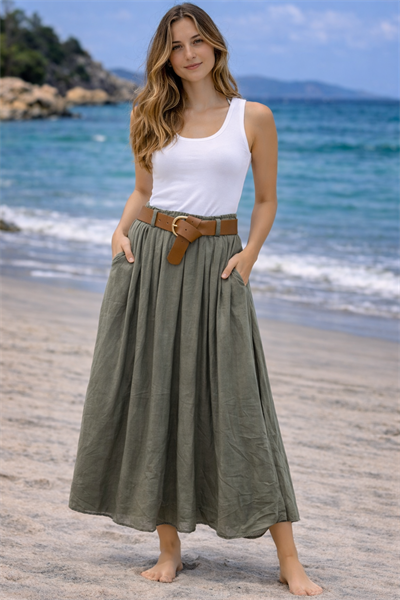 İtalyan Beli Kemerli Düz Tencel Etek 2601XA16 - 3254