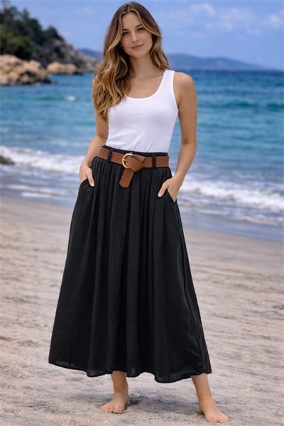 İtalyan Beli Kemerli Düz Tencel Etek 2601XA16 - 3254