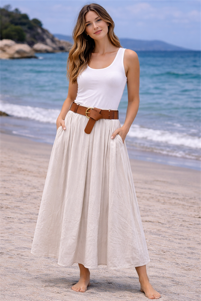 İtalyan Beli Kemerli Düz Tencel Etek 2601XA16 - 3254
