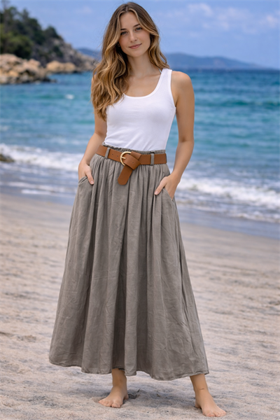 İtalyan Beli Kemerli Düz Tencel Etek 2601XA16 - 3254