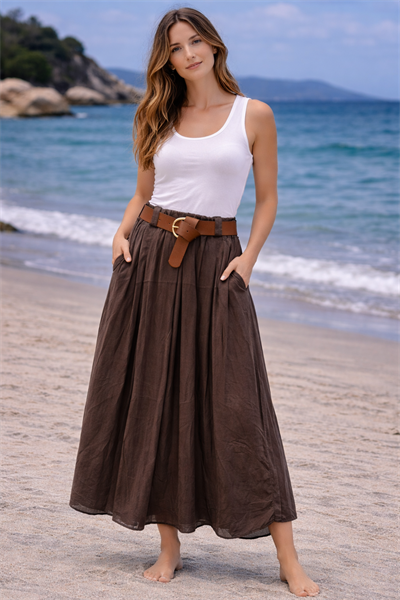 İtalyan Beli Kemerli Düz Tencel Etek 2601XA16 - 3254