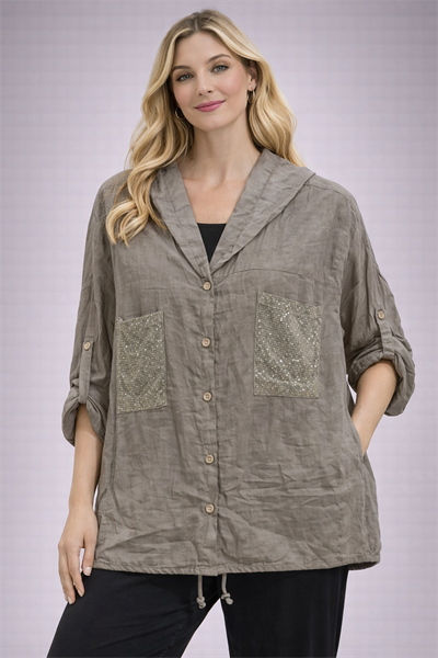 İtalyan Cebi Pullu Kapüşonlu Keten Tunik 25041220 - 61210