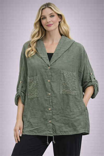 İtalyan Cebi Pullu Kapüşonlu Keten Tunik 25041220 - 61210