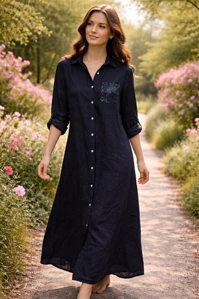 İtalyan Cebi Pullu Keten Elbise 2601XA27 - 301B