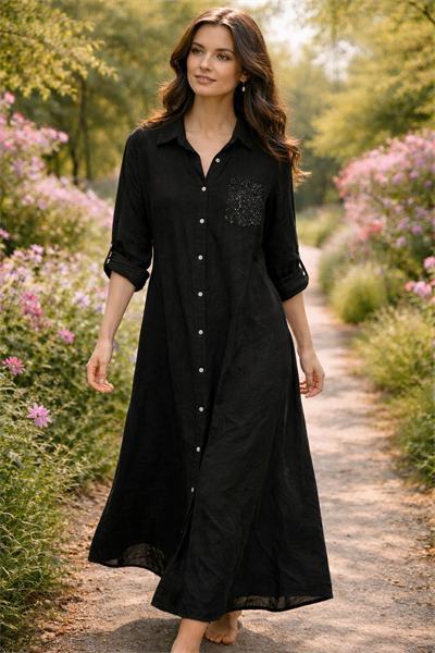 İtalyan Cebi Pullu Keten Elbise 2601XA27 - 301B