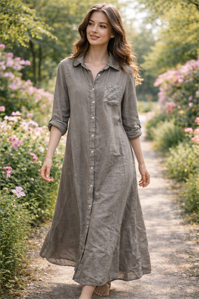 İtalyan Cepli Keten Gömlek Elbise 2601XA23 - 19663