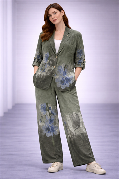 İtalyan Çiçek Desenli Ceketli Keten Takım 250424642 - 24397+24145