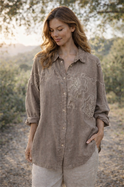 İtalyan Çiçek İşlemeli Keten Gömlek 2601XA23 - 11579