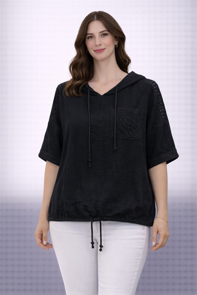 İtalyan Delikli Kapüşonlu Keten Bluz 250410517 - 61222