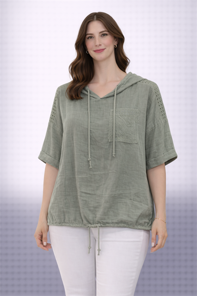 İtalyan Delikli Kapüşonlu Keten Bluz 250410517 - 61222