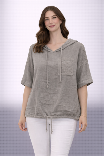 İtalyan Delikli Kapüşonlu Keten Bluz 250410517 - 61222