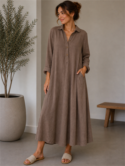İtalyan Derin Yaka Keten Elbise 2601XA30 - 305