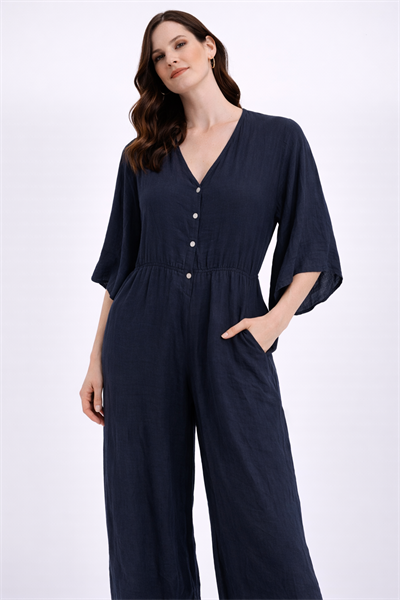 İtalyan Geniş V Yaka Uzun Kol Tulum Elbise 250421837 - 13927