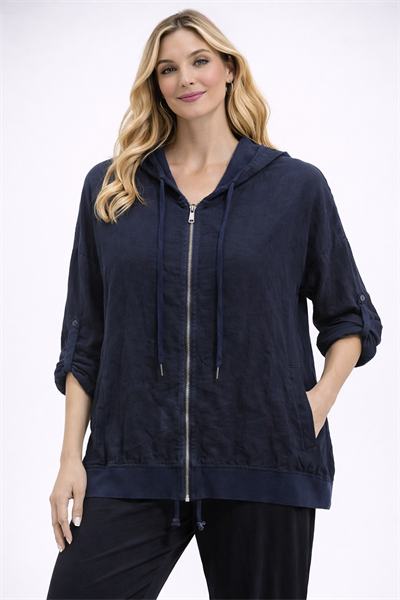 İtalyan Kapüşonlu Fermuarlı Keten Bluz 25041322 - 2904