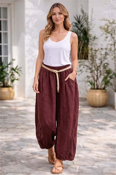 İtalyan Kemerli Düz Keten Pantolon 2601XA17 - 11671