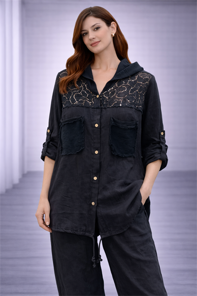 İtalyan Omuzu Dantelli Kapüşonlu Keten Tunik 250412221 - 61188