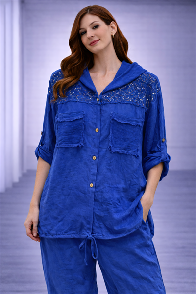 İtalyan Omuzu Dantelli Kapüşonlu Keten Tunik 250412221 - 61188