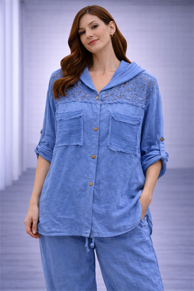 İtalyan Omuzu Dantelli Kapüşonlu Keten Tunik 250412221 - 61188