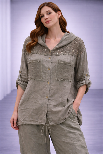 İtalyan Omuzu Dantelli Kapüşonlu Keten Tunik 250412221 - 61188