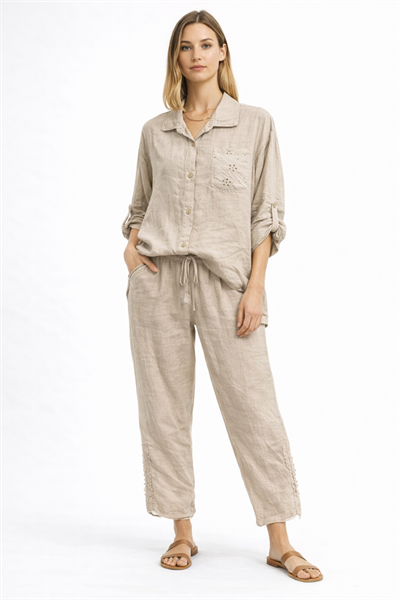 İtalyan Pantolonu Gömleği İşlemeli Keten Takım 2601XA40 - 25671-25672