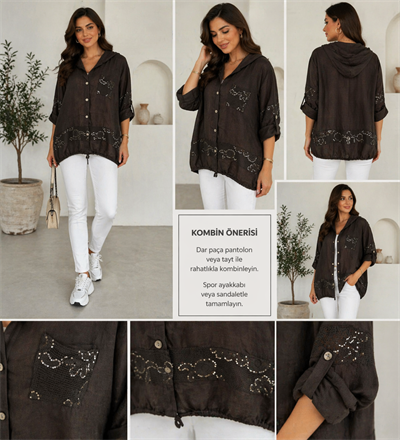 İtalyan Pul Payet Keten Bluz 2601XA23 - 13206