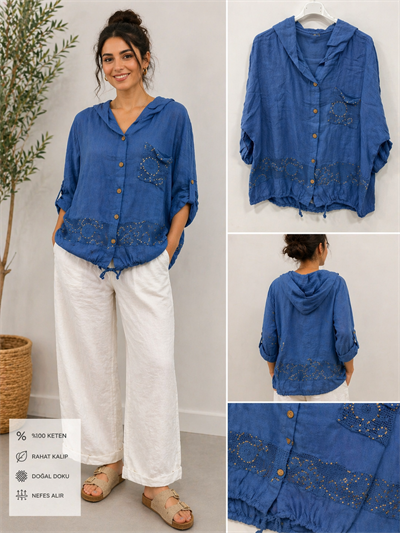 İtalyan Pul Payet Keten Bluz 2601XA23 - 13206