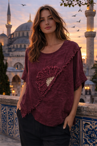 İtalyan Püsküllü Papatya İşlemeli Keten Bluz 2601XA17 - 3065