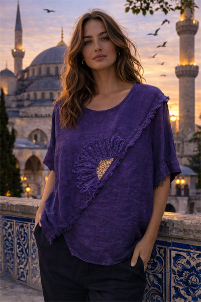 İtalyan Püsküllü Papatya İşlemeli Keten Bluz 2601XA17 - 3065