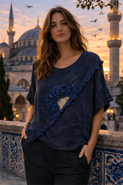 İtalyan Püsküllü Papatya İşlemeli Keten Bluz 2601XA17 - 3065