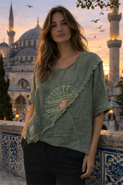 İtalyan Püsküllü Papatya İşlemeli Keten Bluz 2601XA17 - 3065