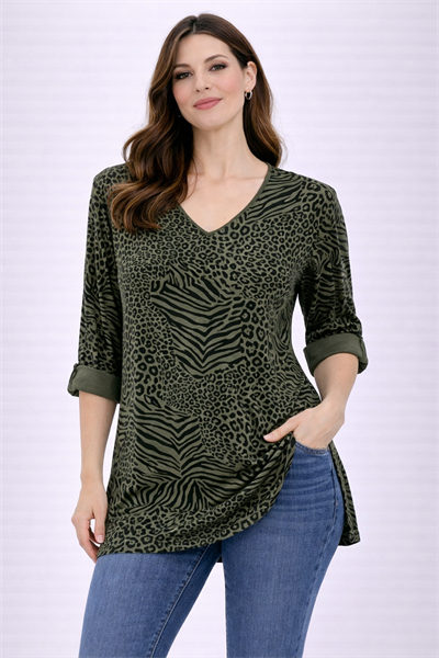 İtalyan V Yaka Uzun Kol Zebra/Leopar Desen Bluz 2511X10 - 82360 Leopard