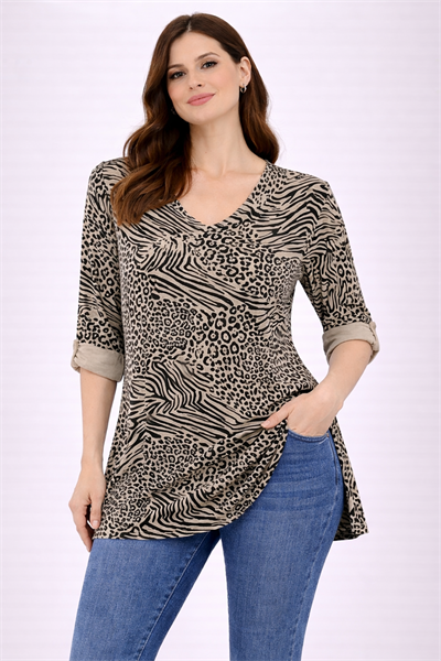 İtalyan V Yaka Uzun Kol Zebra/Leopar Desen Bluz 2511X10 - 82360 Leopard