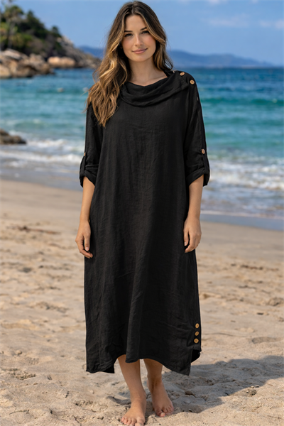 İtalyan Yakası Düğmeli Keten Elbise 2601XA27 - 11641